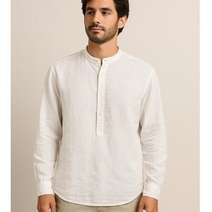 Tasso Elba White 100% Linen Band Collar Shirt XL Long Sleeve  Resort Lightweight